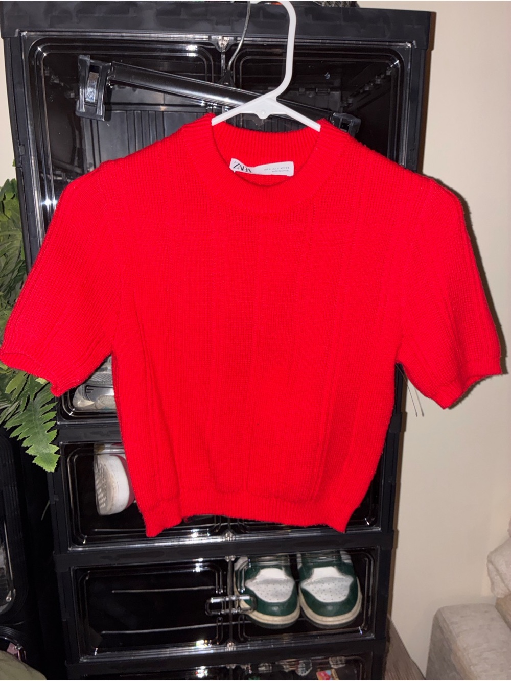 Zara Bright Red Short-Sleeve Ribbed Crew Sweater